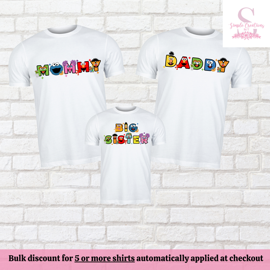 Sesame Street Character Name Family Birthday Shirts | Semi-Custom Family Name Shirts
